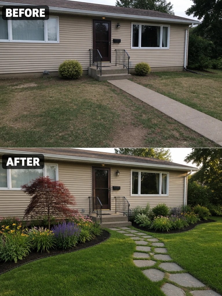 Before and after house exterior with new stone path and colorful garden landscaping.