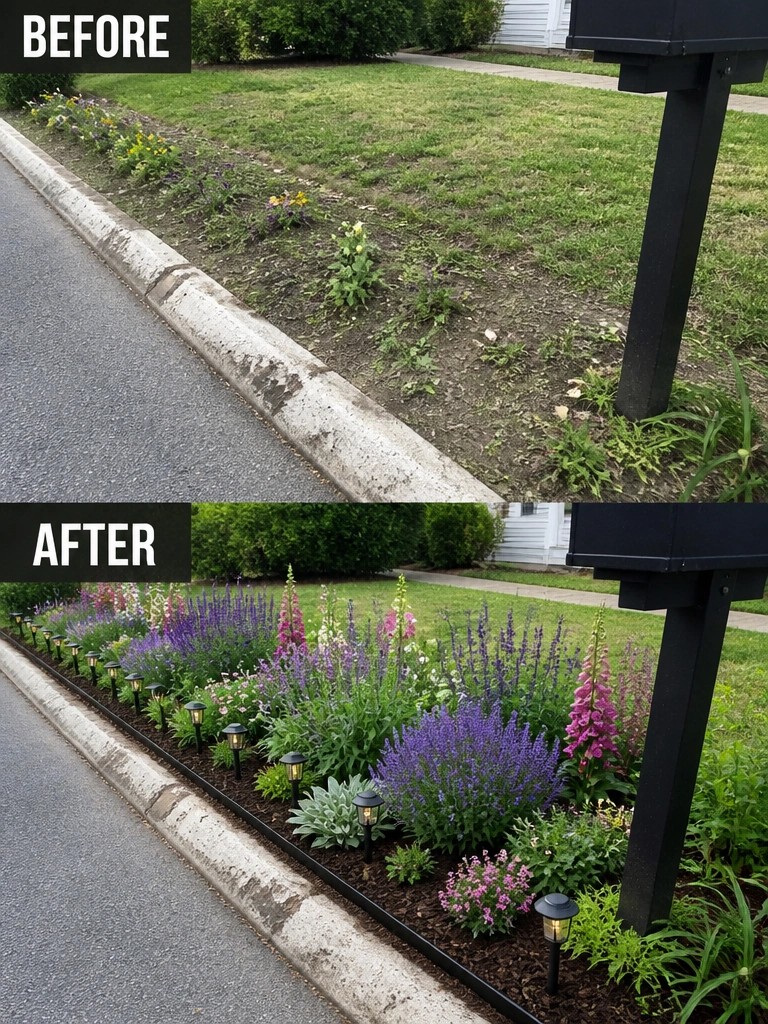 Before weedy curb strip and after colorful flower garden with solar lights.