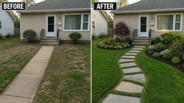 25 Stunning Landscaping Before and After Ideas That Change The Whole Yard Before and after house exterior with new stone path and colorful garden landscaping.