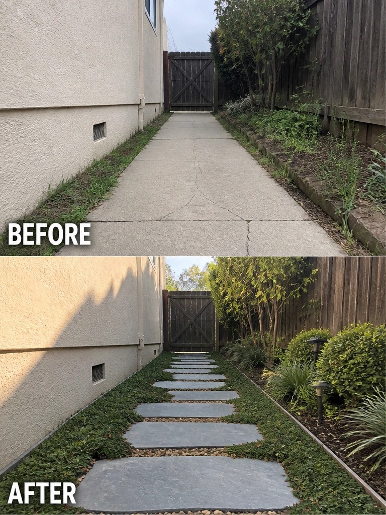 Before-and-after image of a cracked concrete side path changed into a stepping stone walkway bordered by planted garden beds.
