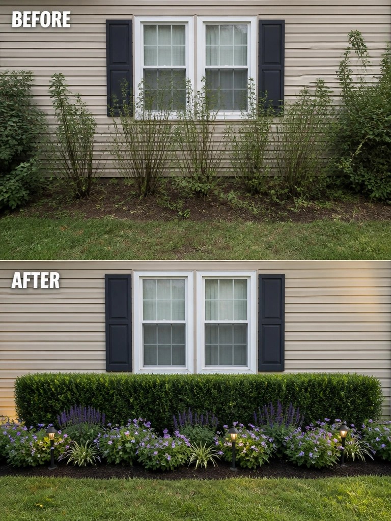 Before and after of house with black shutters and landscaped flower garden