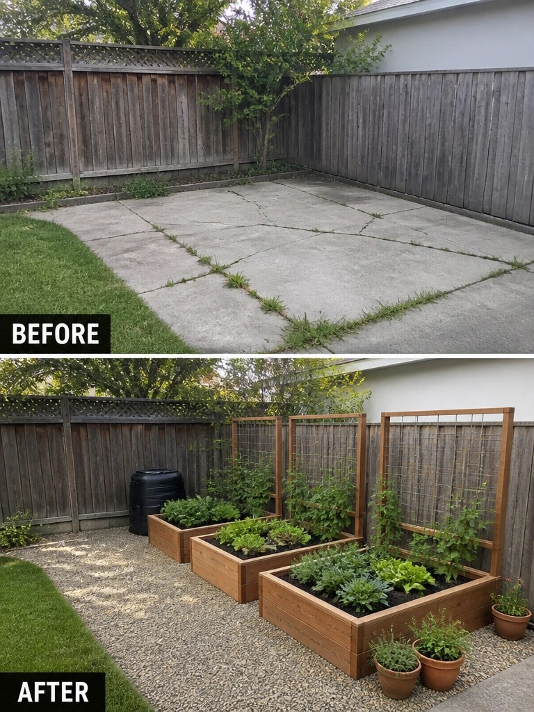 Before empty concrete patio and after with raised wooden garden beds and trellises.