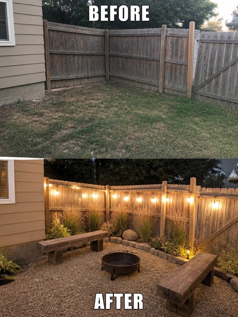 Before and after backyard with fire pit, benches, string lights and gravel patio
