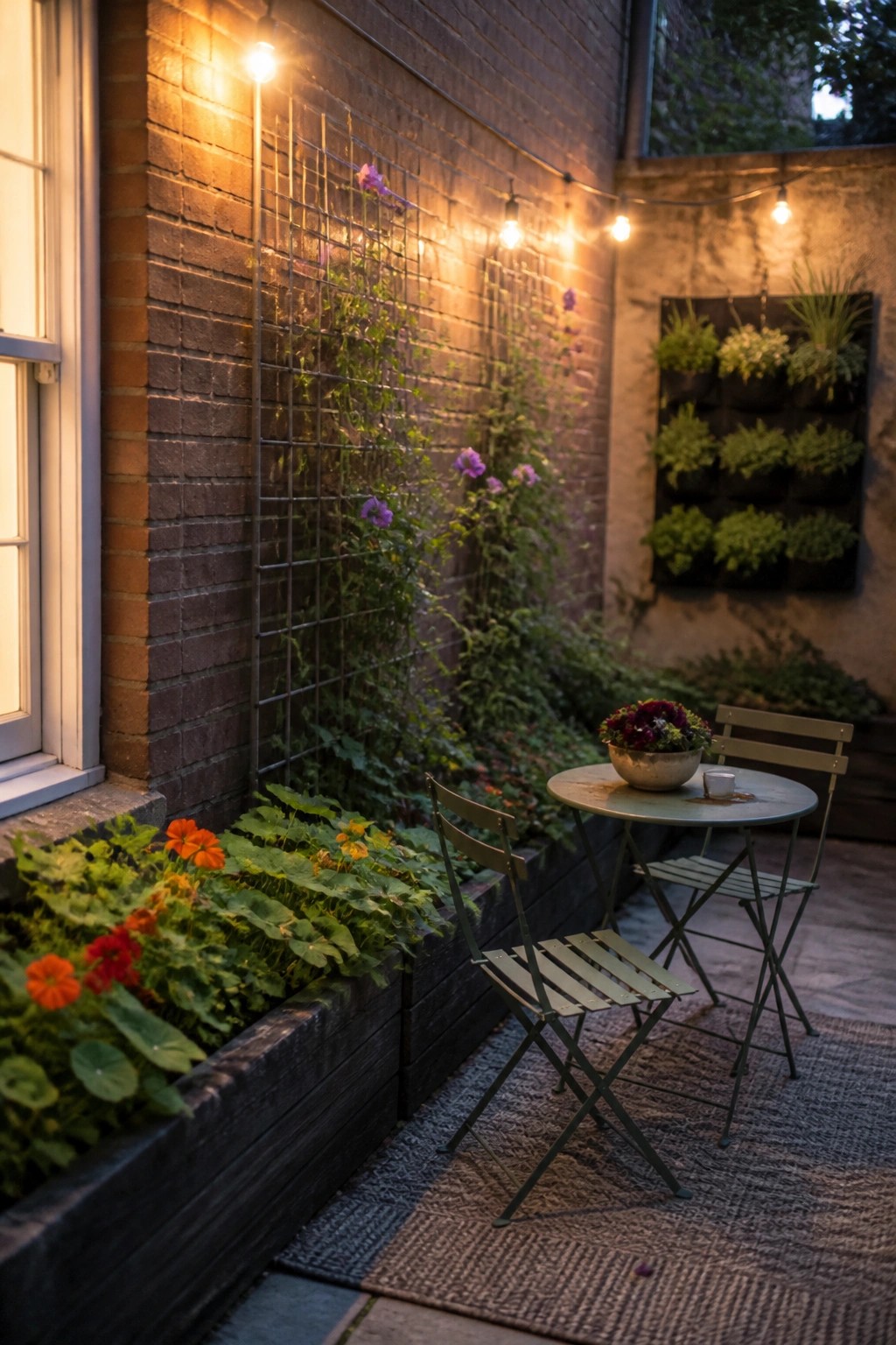 A small outdoor patio area with a round table and two chairs beside a brick wall fitted with a metal grid trellis holding climbing plants and flowers, plus string lights above.