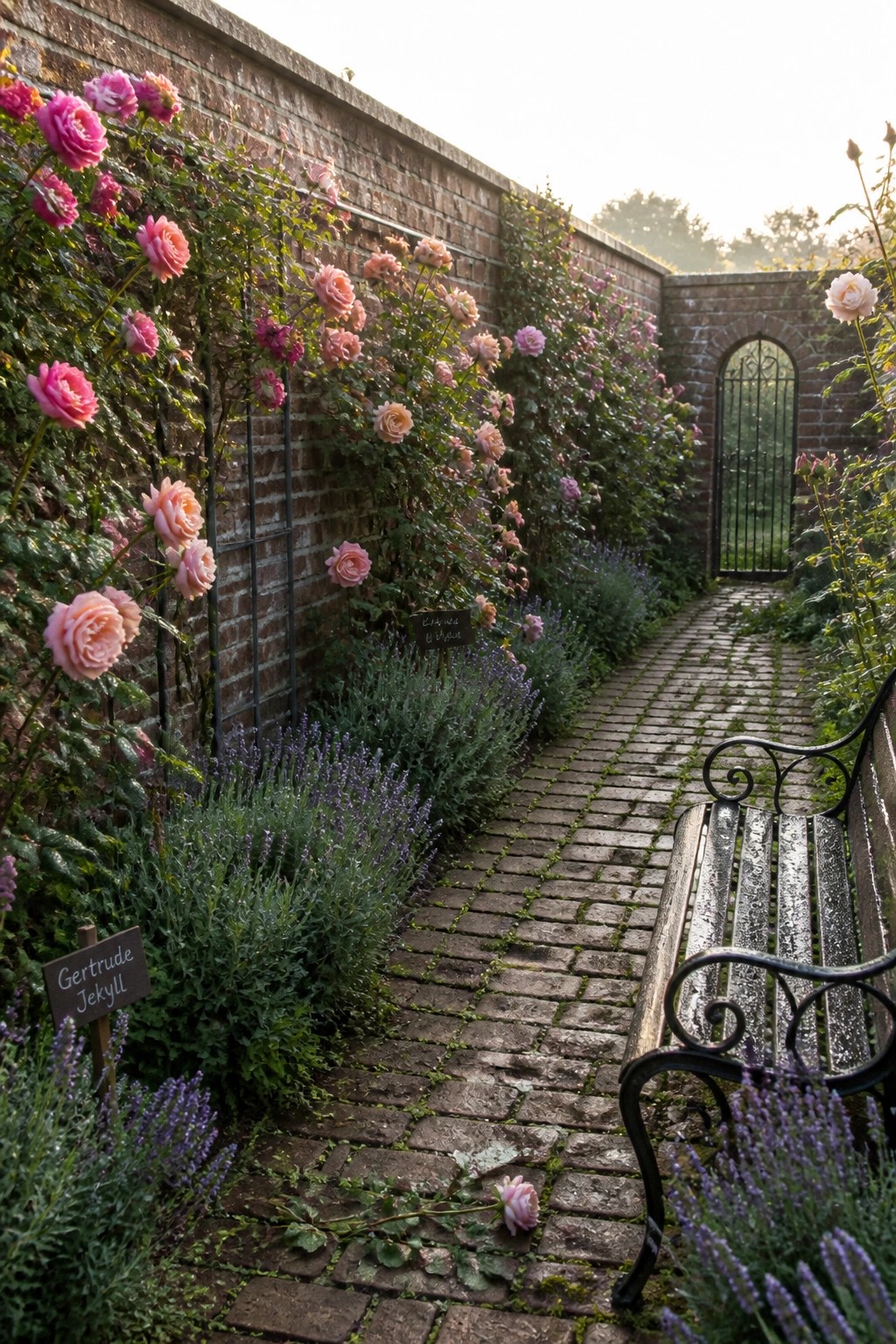 Brick wall of pink roses along stone path with bench and lavender