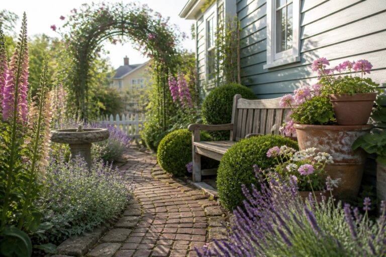 16 Charming Flower Garden Design Ideas Full of Colorful Borders and Seasonal Blooms A brick garden path bordered by layered flowers, an arched trellis, potted plants, and a bench in the distance.