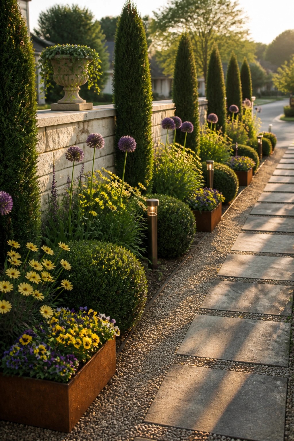 A stone pathway lined with tall evergreen trees, round shrubs, purple allium blooms, yellow daisies, and small path lights in a residential garden.