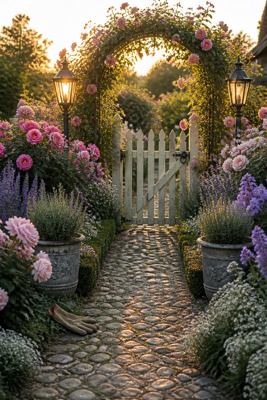A cobblestone path leads through a white picket gate under a rose-covered arch, with lanterns and potted flowers on either side.