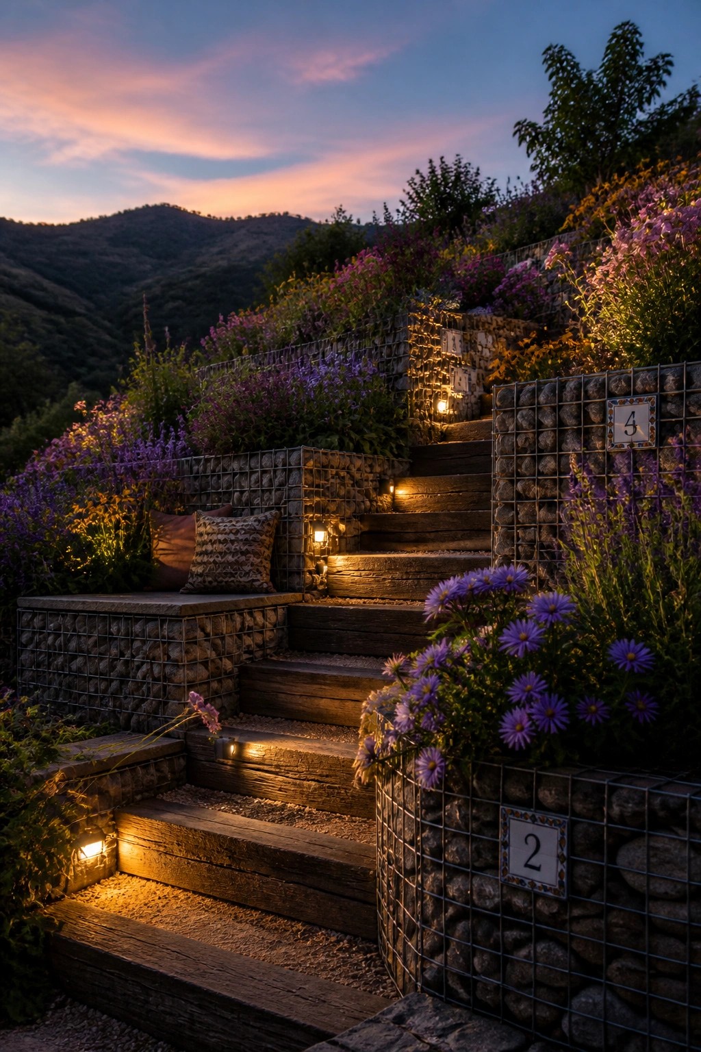 A wooden garden staircase at dusk bordered by gabion stone walls filled with purple and pink flowers, with small lights along the steps.