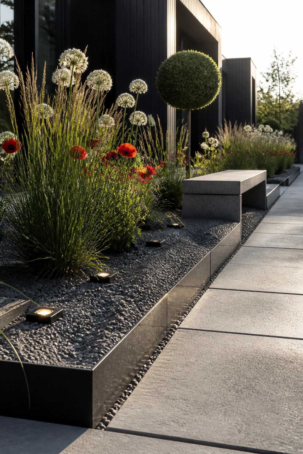 Modern garden with red poppies, white alliums, gravel bed, concrete bench, and pathway lights.