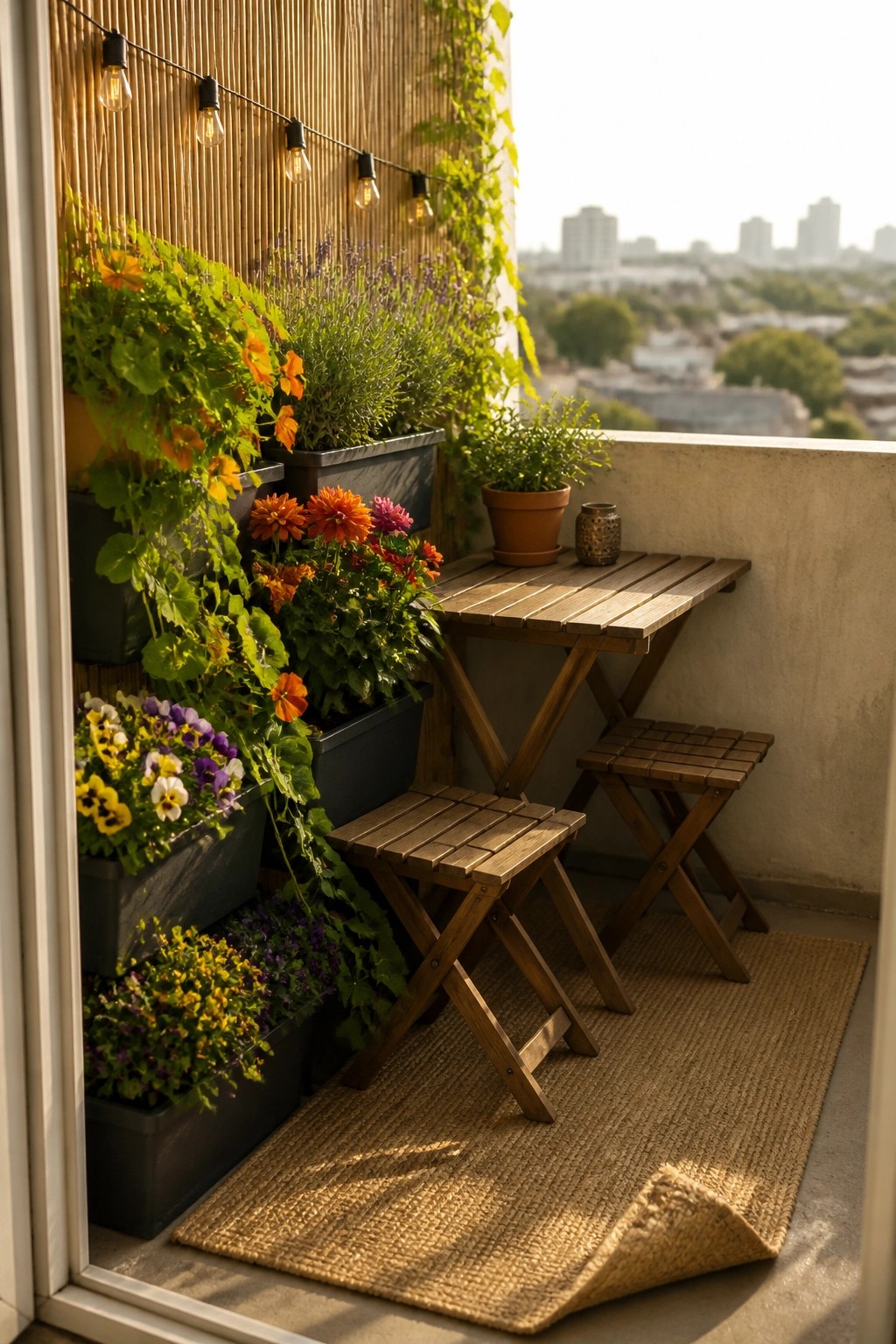 A balcony with wooden folding table and stools on a woven rug, string lights overhead, and multiple dark planters filled with colorful flowers mounted along a bamboo screen wall.