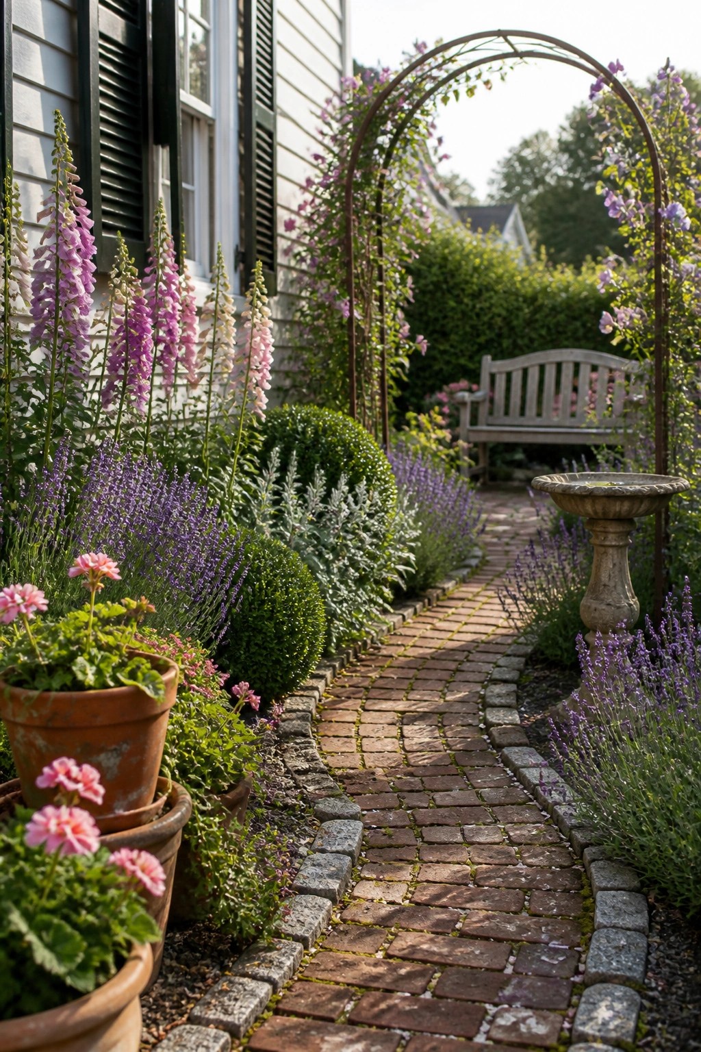 A brick garden path bordered by layered flowers, an arched trellis, potted plants, and a bench in the distance.