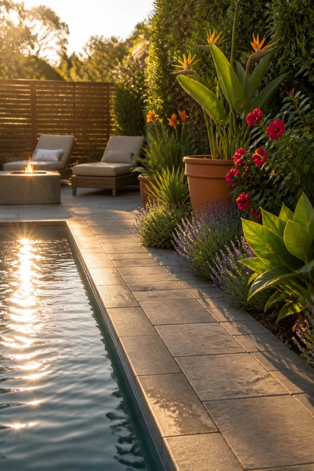 A stone path runs beside a pool, bordered by terracotta pots holding tall tropical plants and beds of red flowers with lavender.