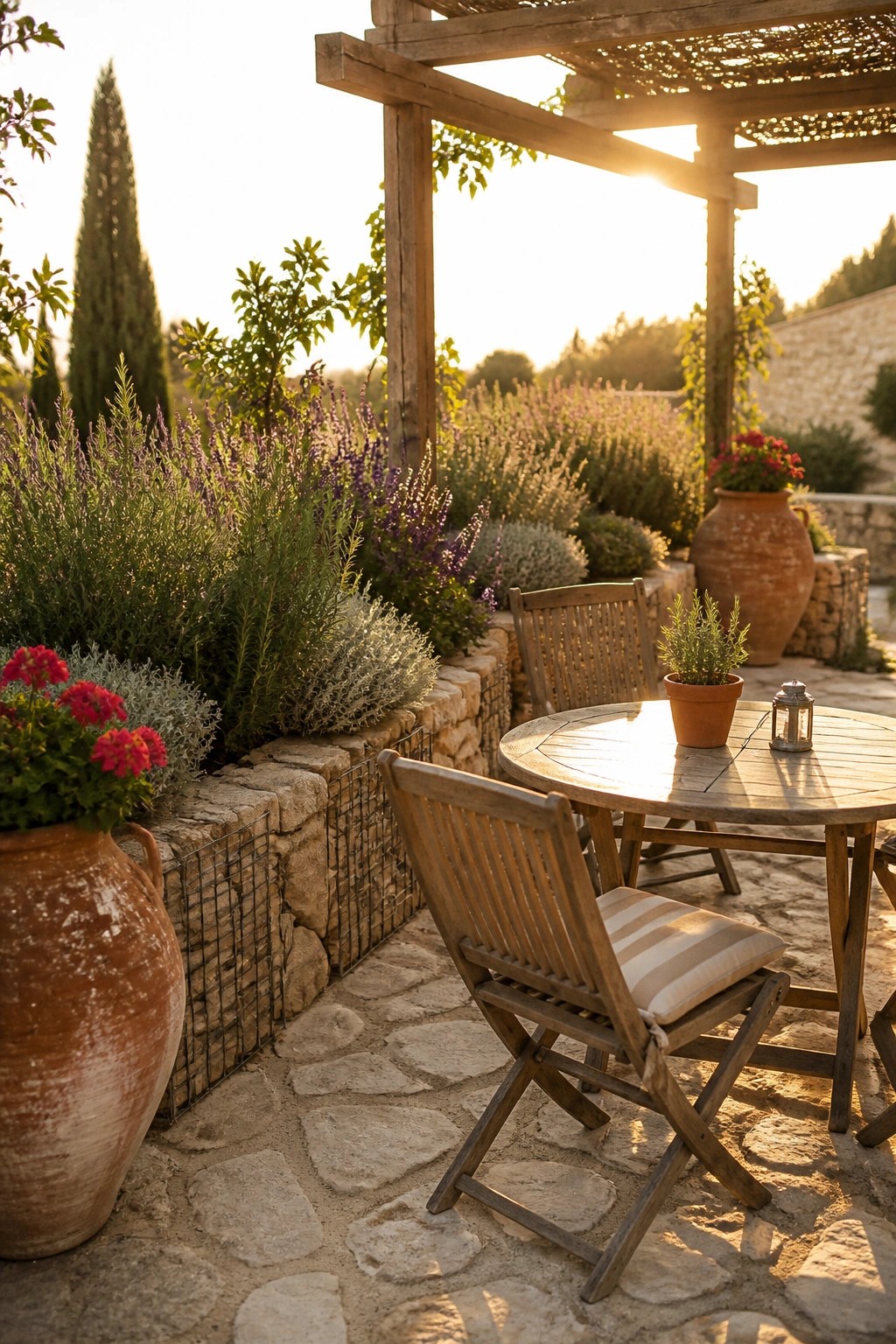 Wooden patio table and chairs under pergola with terracotta pots and lavender garden