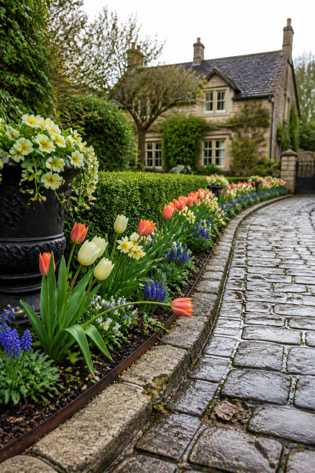 A stone house viewed along a wet cobblestone path lined with colorful tulips, daffodils, and other spring flowers in narrow garden beds.