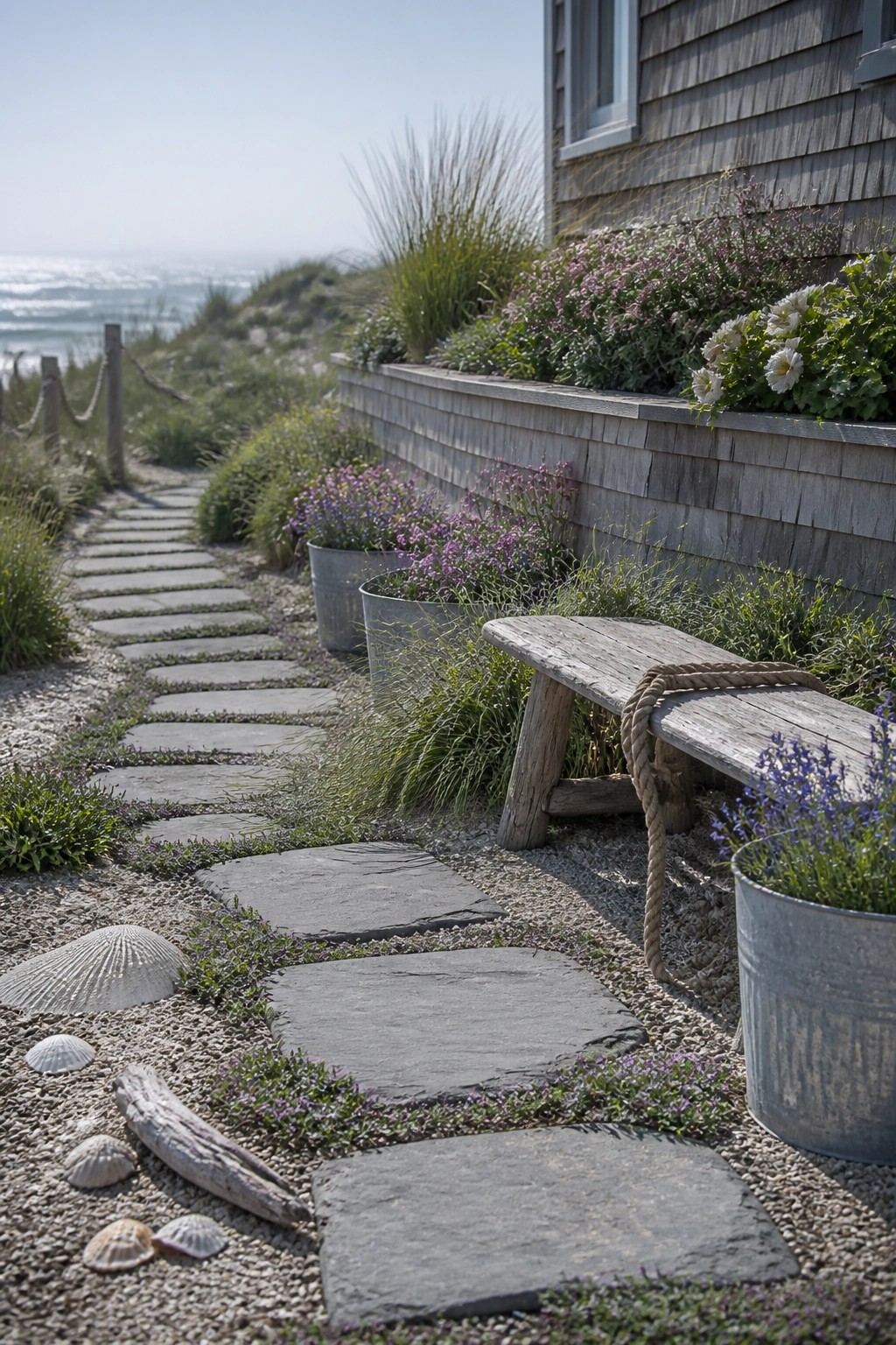 A gravel path lined with stone stepping stones runs beside potted flowers in metal buckets next to a wooden bench and a shingled house.