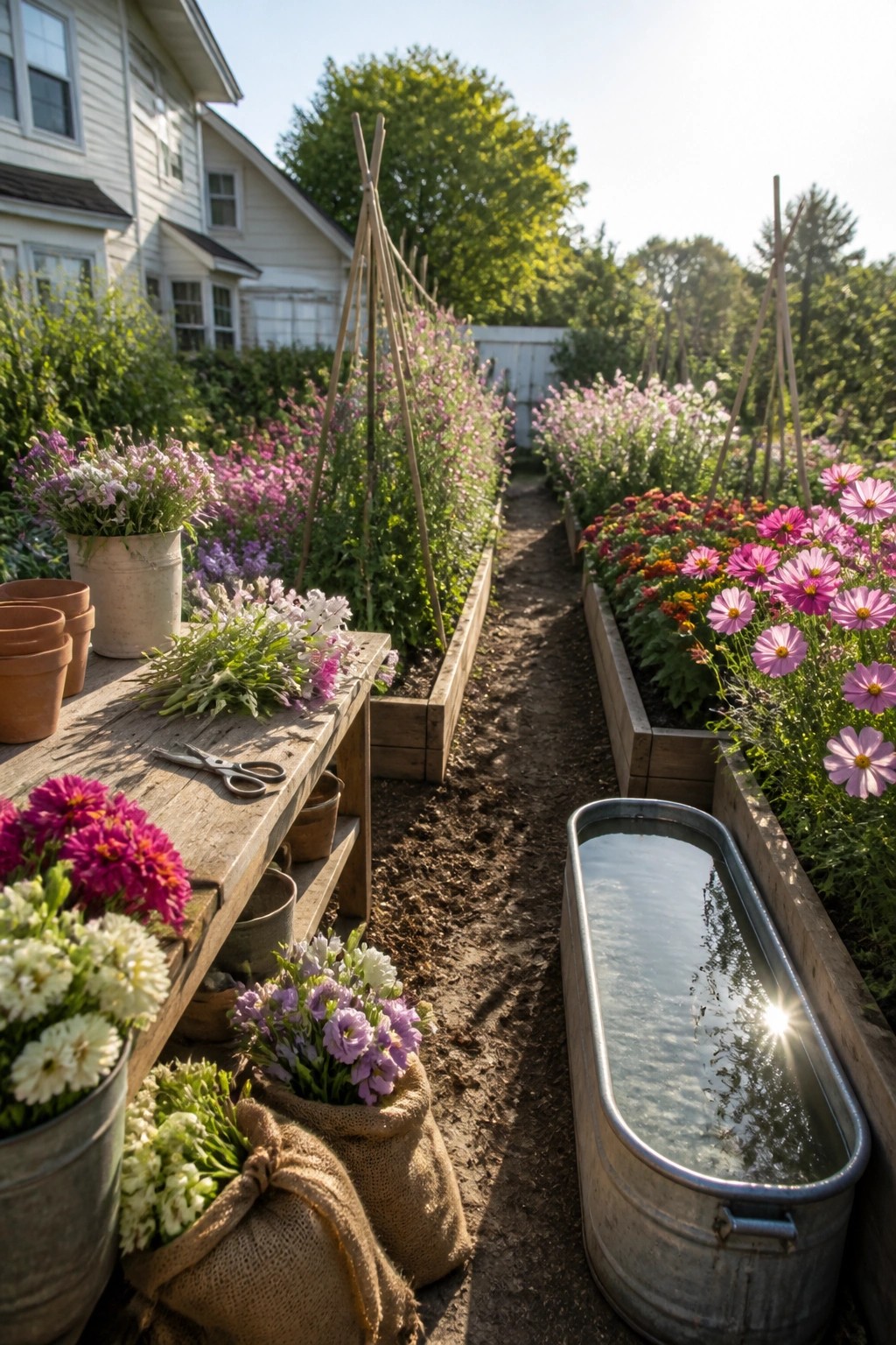 A narrow garden path lined with wooden raised beds filled with colorful flowers, including a wooden work table with potted plants on the left and a metal trough on the right.