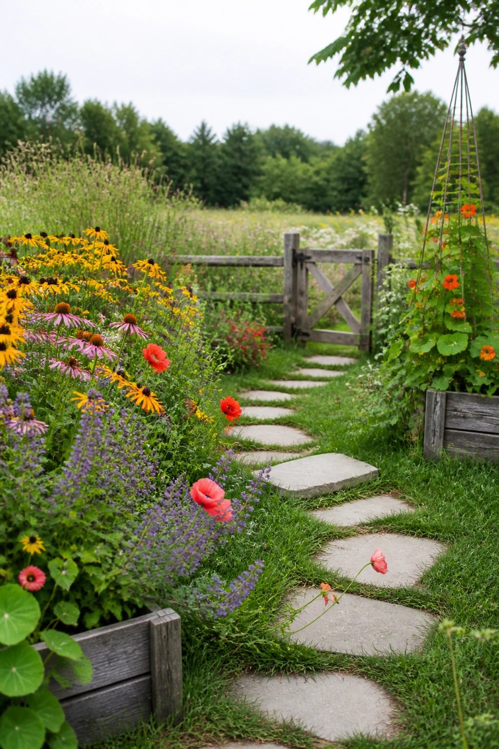 A narrow path of flat gray stepping stones winds through colorful flower beds with yellow, pink, purple, and red blooms, leading toward a wooden gate in the distance.