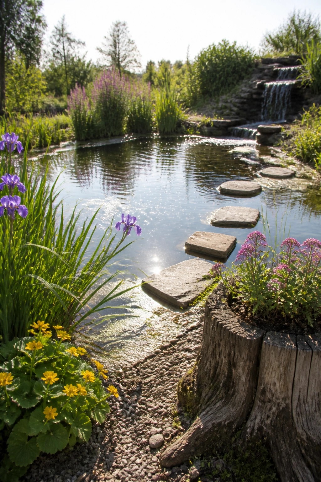 A garden pond crossed by flat stepping stones, with purple irises and yellow flowers along the banks and a small waterfall in the background.