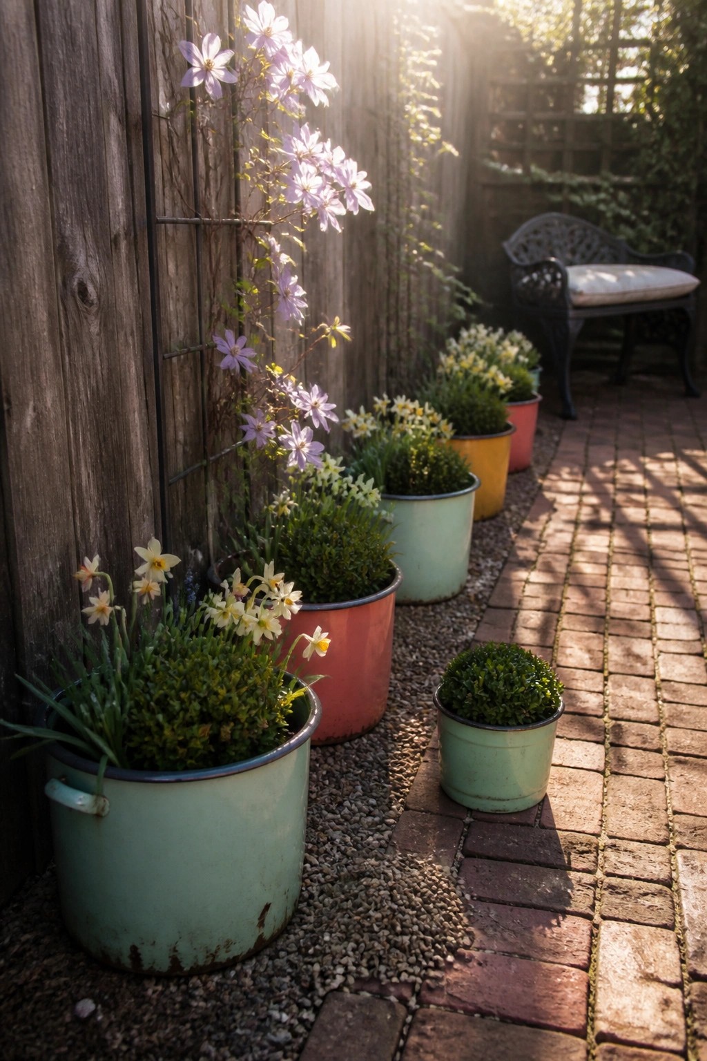 Colorful potted flowers line a brick path beside a wooden fence in sunlight