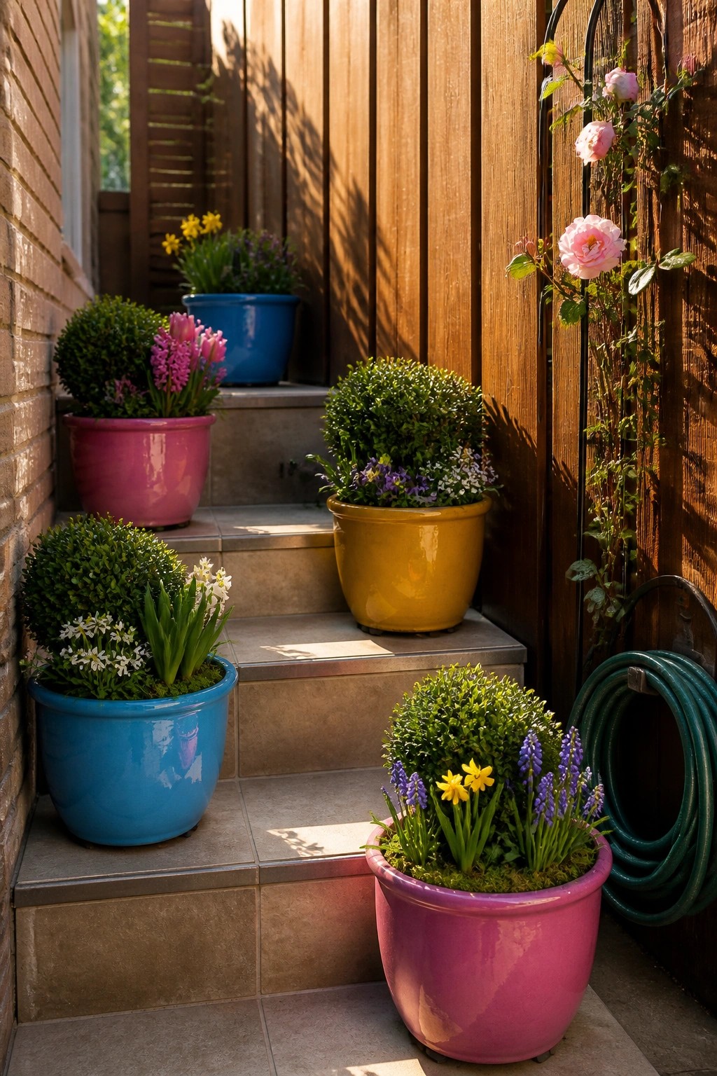 Colorful ceramic pots with flowers on stone steps by wooden fence and roses.
