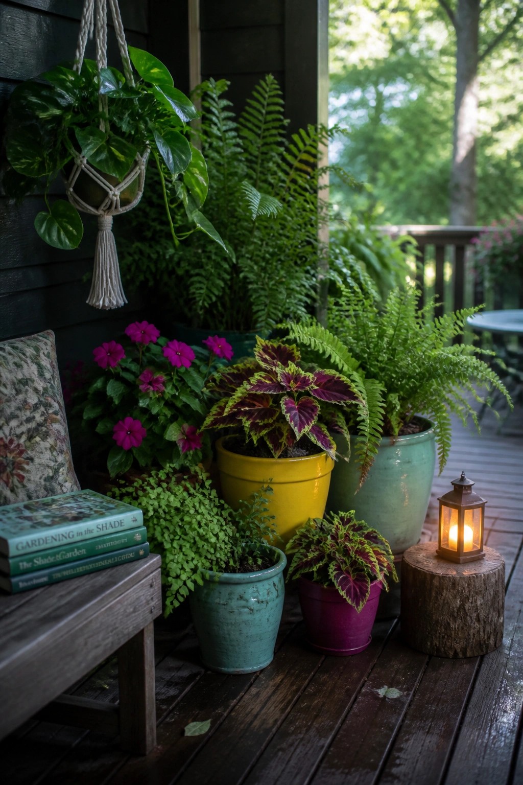 A wooden porch with multiple potted plants in bright yellow, teal, and magenta containers, including ferns and flowering plants, plus a lit lantern on a tree stump and gardening books on a bench.