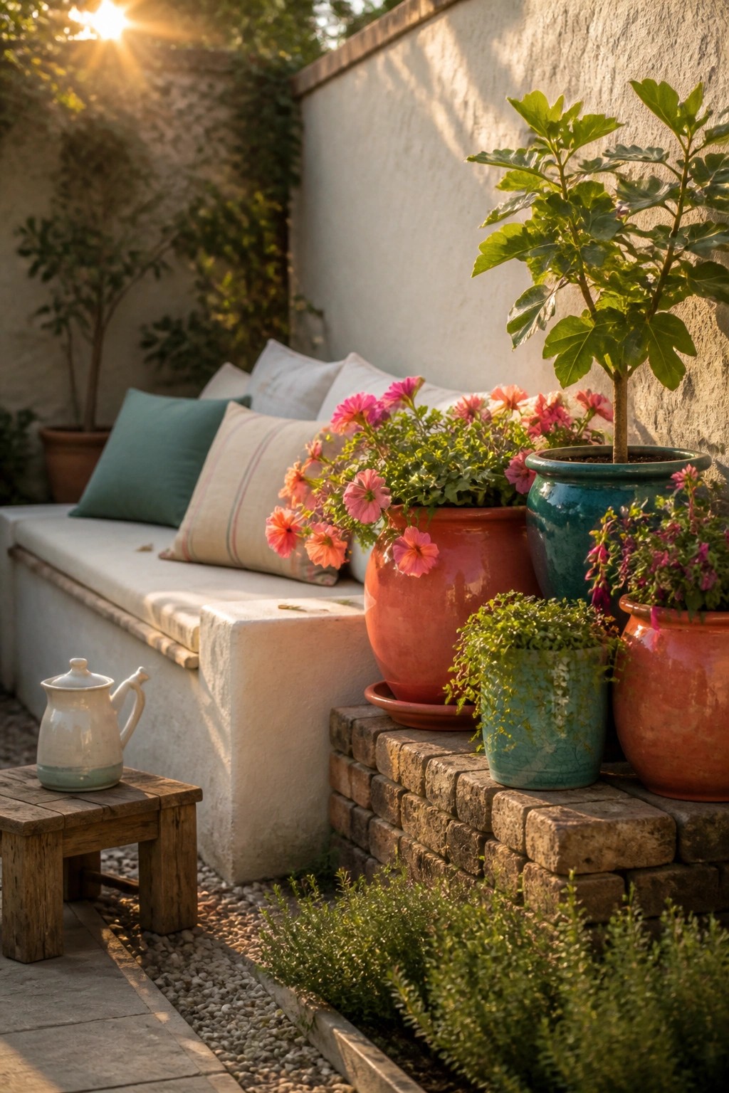 Cozy patio with colorful potted flowers beside cushioned bench in golden sunlight