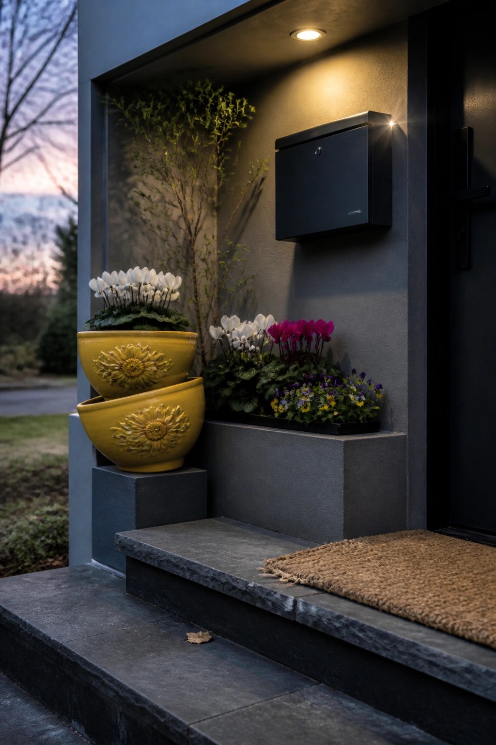 A modern home entry shows stacked yellow ceramic pots with white flowers on a concrete pedestal, a black mailbox mounted on a gray wall, and a low black planter holding pink and white flowers beside dark stone steps.
