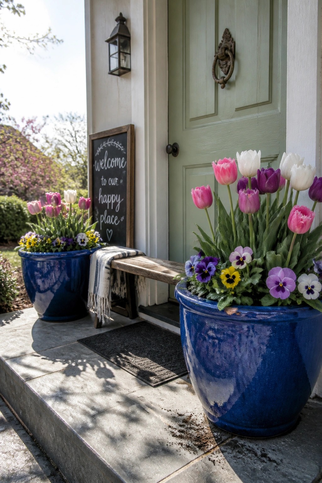 A light green front door on a stone porch flanked by two large blue ceramic pots holding pink and white tulips along with purple and yellow pansies, with a chalkboard sign nearby.