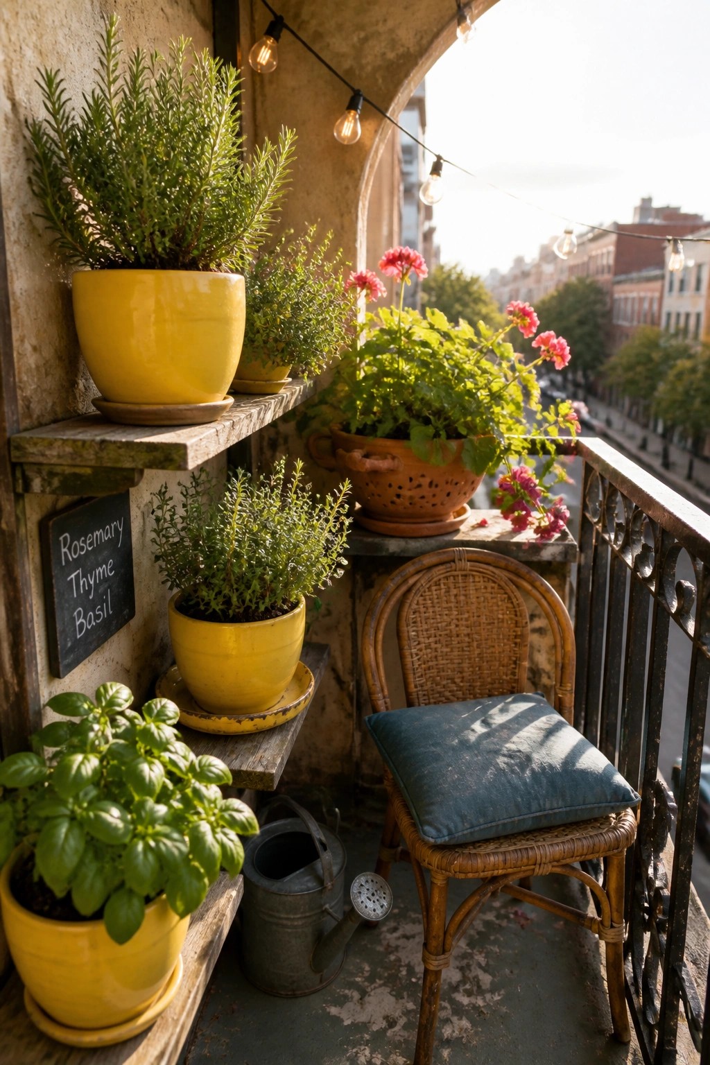 Potted herbs and pink flowers on balcony with wicker chair, watering can, and string lights.