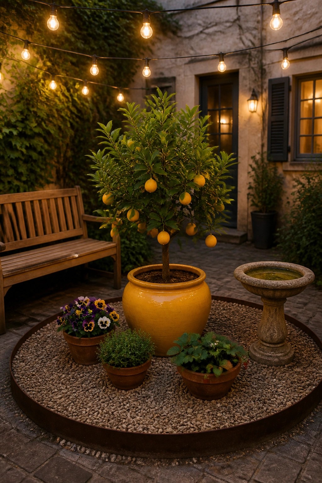 A courtyard patio features a large yellow ceramic pot with a small lemon tree at the center of a gravel circle, surrounded by smaller terracotta pots holding flowers and strawberry plants, with string lights overhead and a wooden bench nearby.