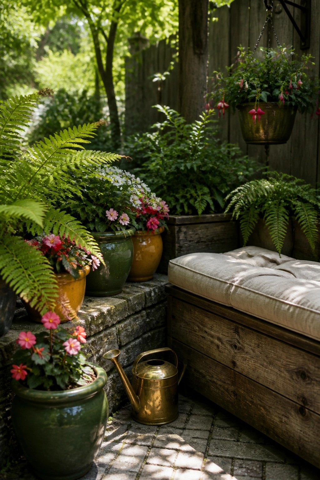A wooden bench with a cushion is placed beside a low stone ledge lined with potted ferns and pink flowers in green and yellow pots, next to a hanging plant and a brass watering can on brick paving.