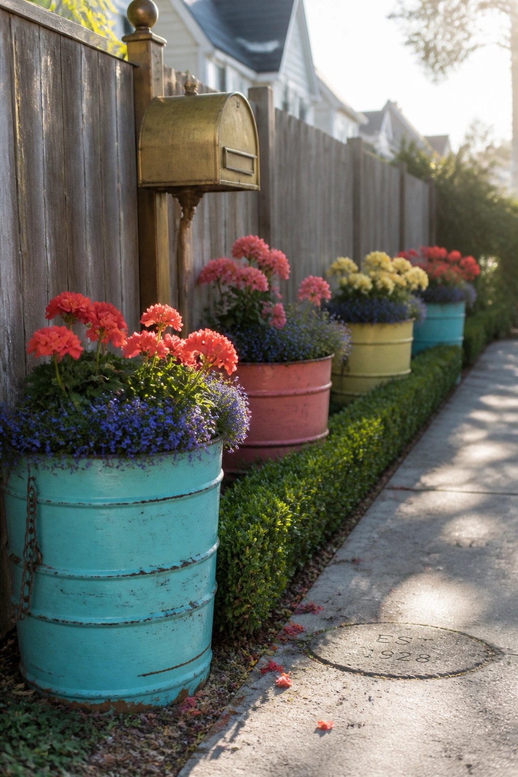 A row of painted turquoise, red, and yellow metal barrels filled with red and yellow flowers lines a concrete sidewalk beside a wooden fence.