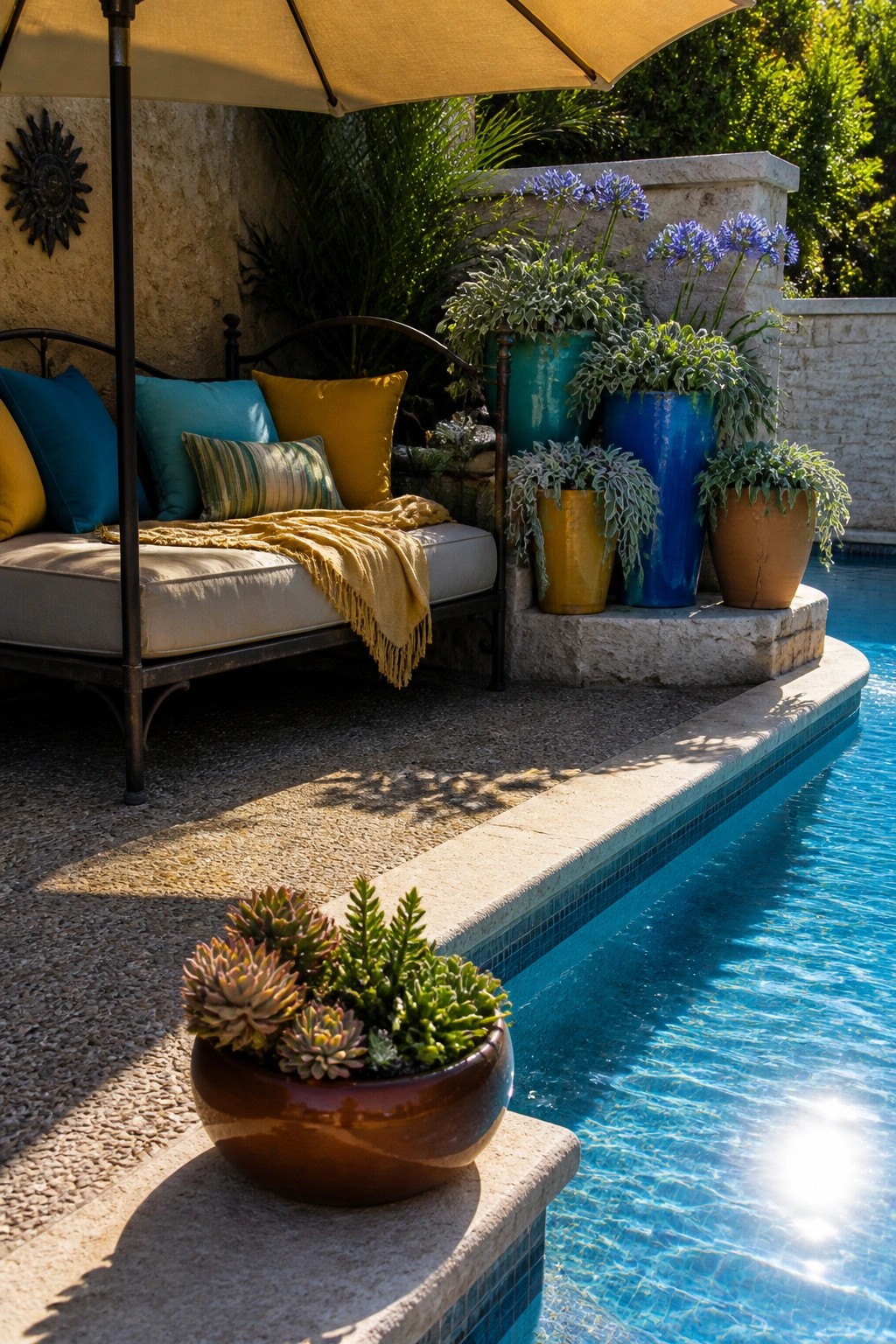 Poolside scene with a daybed under an umbrella and several colorful ceramic pots holding flowering plants placed on stone ledges next to the water.