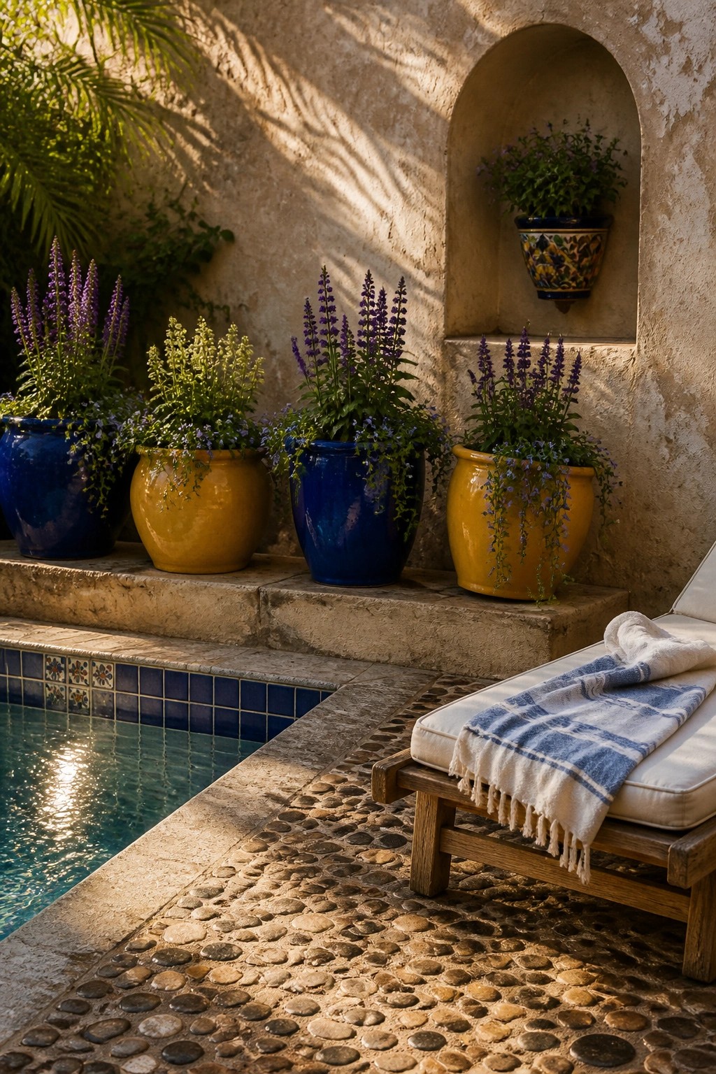 A poolside scene showing four large blue and yellow ceramic pots with purple flowering plants set on a stone ledge next to a wooden lounge chair.