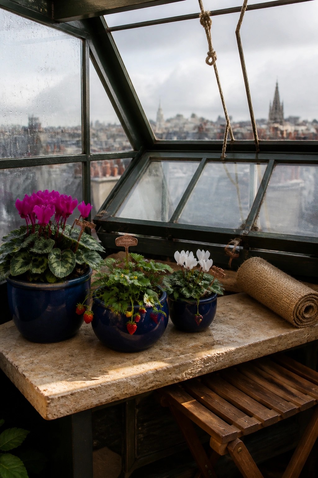 Potted magenta and white cyclamen with strawberries on a city-view windowsill ledge.
