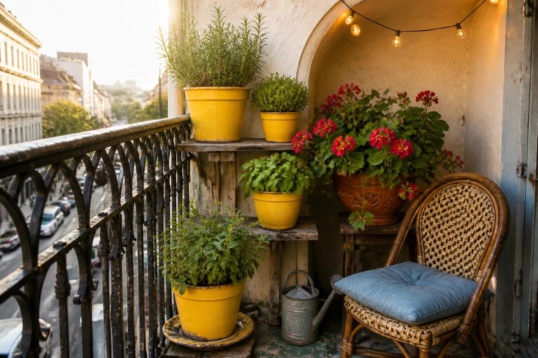 Potted herbs and pink flowers on balcony with wicker chair, watering can, and string lights.