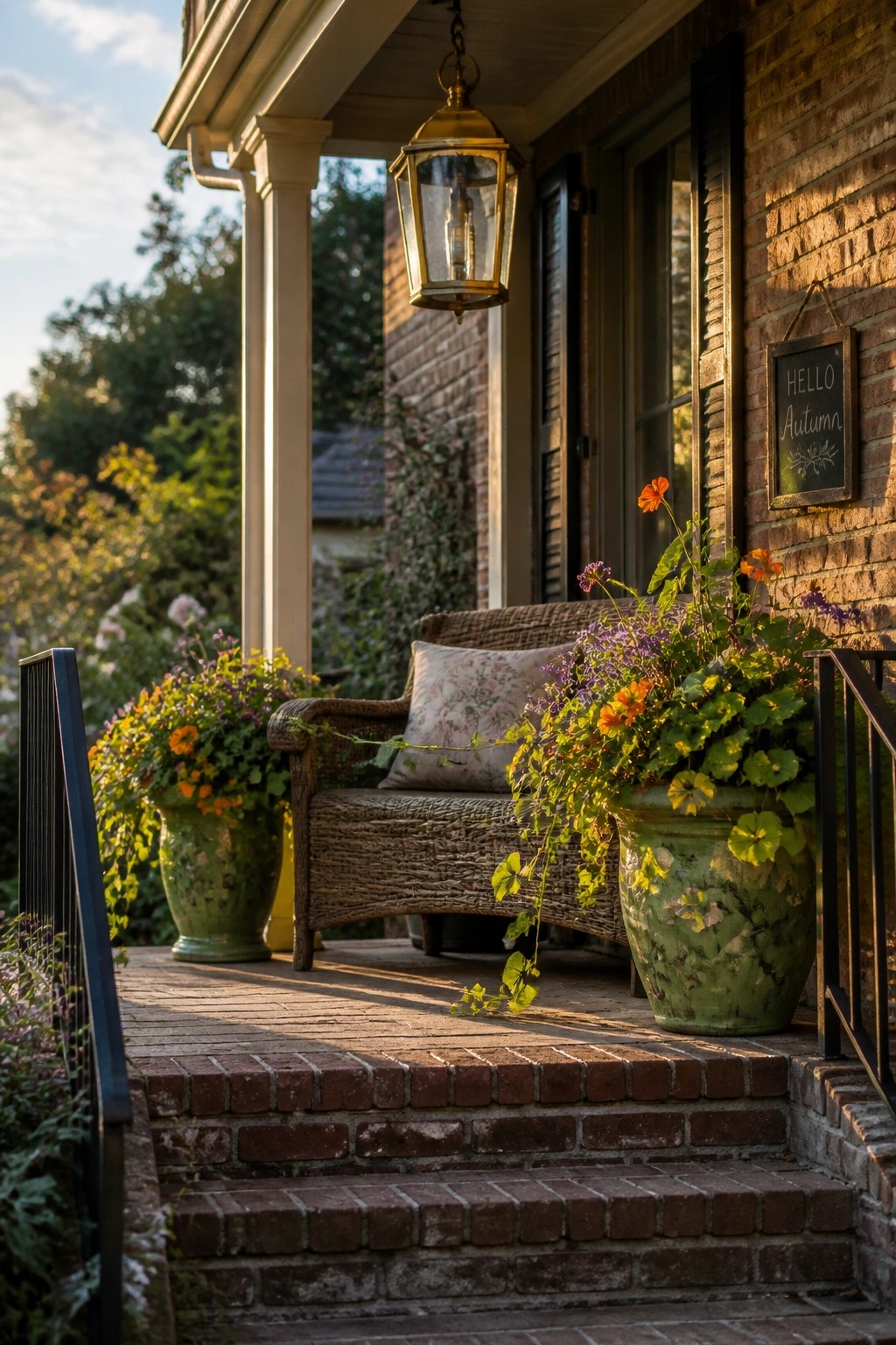 A brick porch with a wicker chair, hanging lantern, and two large green pots filled with orange and purple flowers.