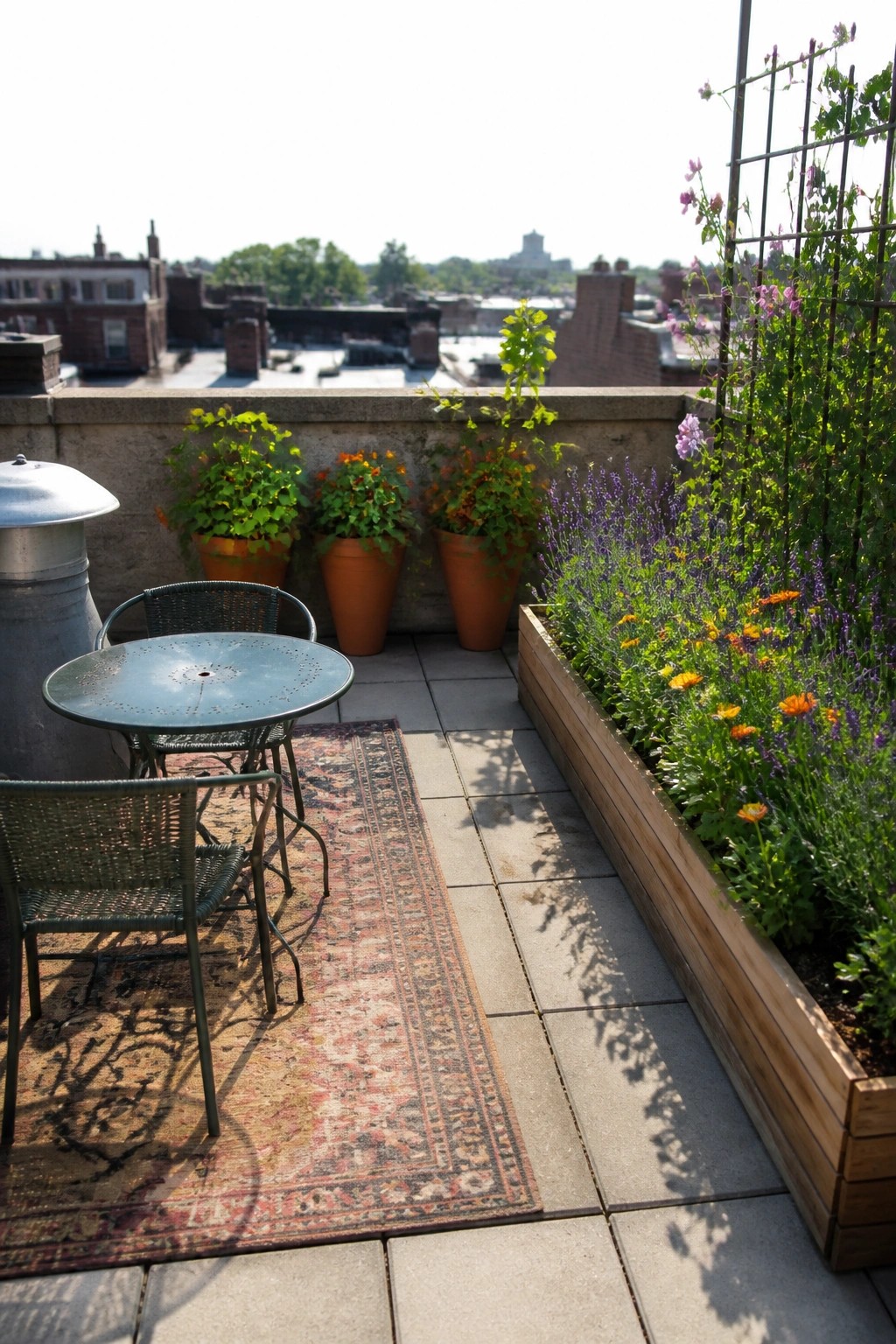 Rooftop patio with metal table and chairs on rug, surrounded by potted plants and flowers.