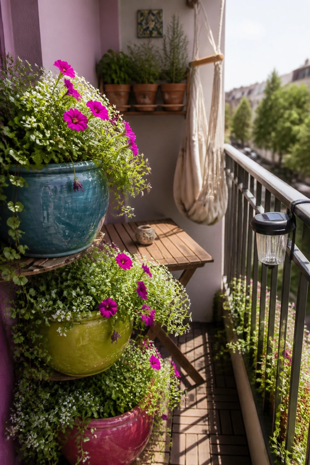 Colorful ceramic pots overflowing with magenta flowers on sunny balcony with wooden table.