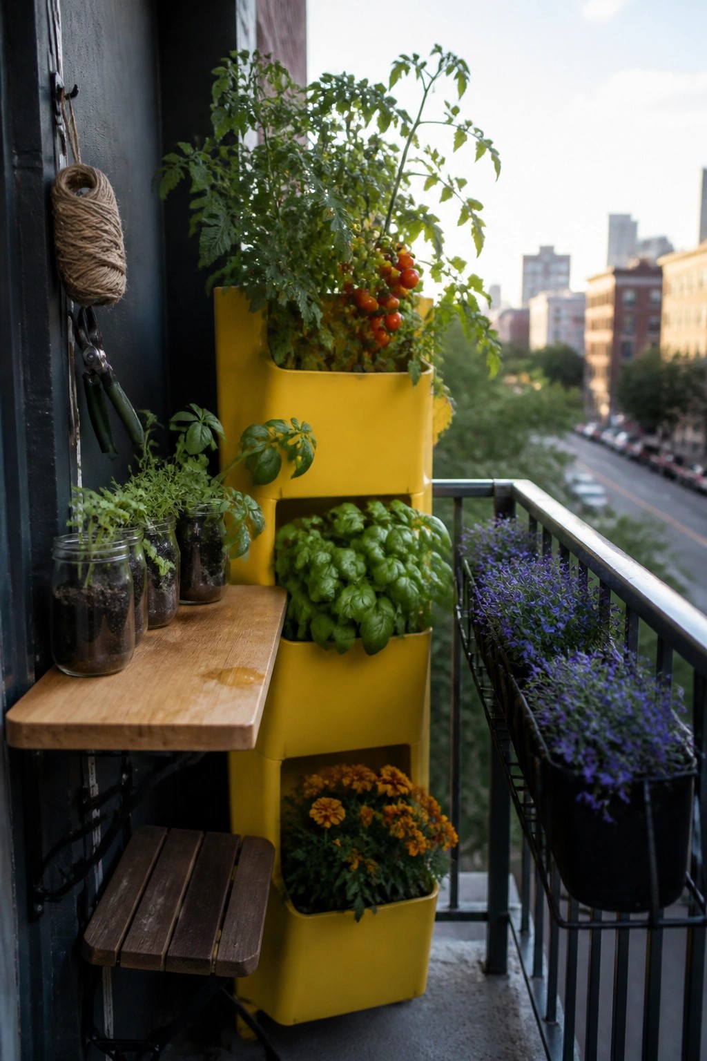 A small urban balcony with a tall stack of bright yellow planters holding tomatoes, herbs, and marigolds, plus a wooden shelf with herb-filled jars and a black railing planter with purple flowers.