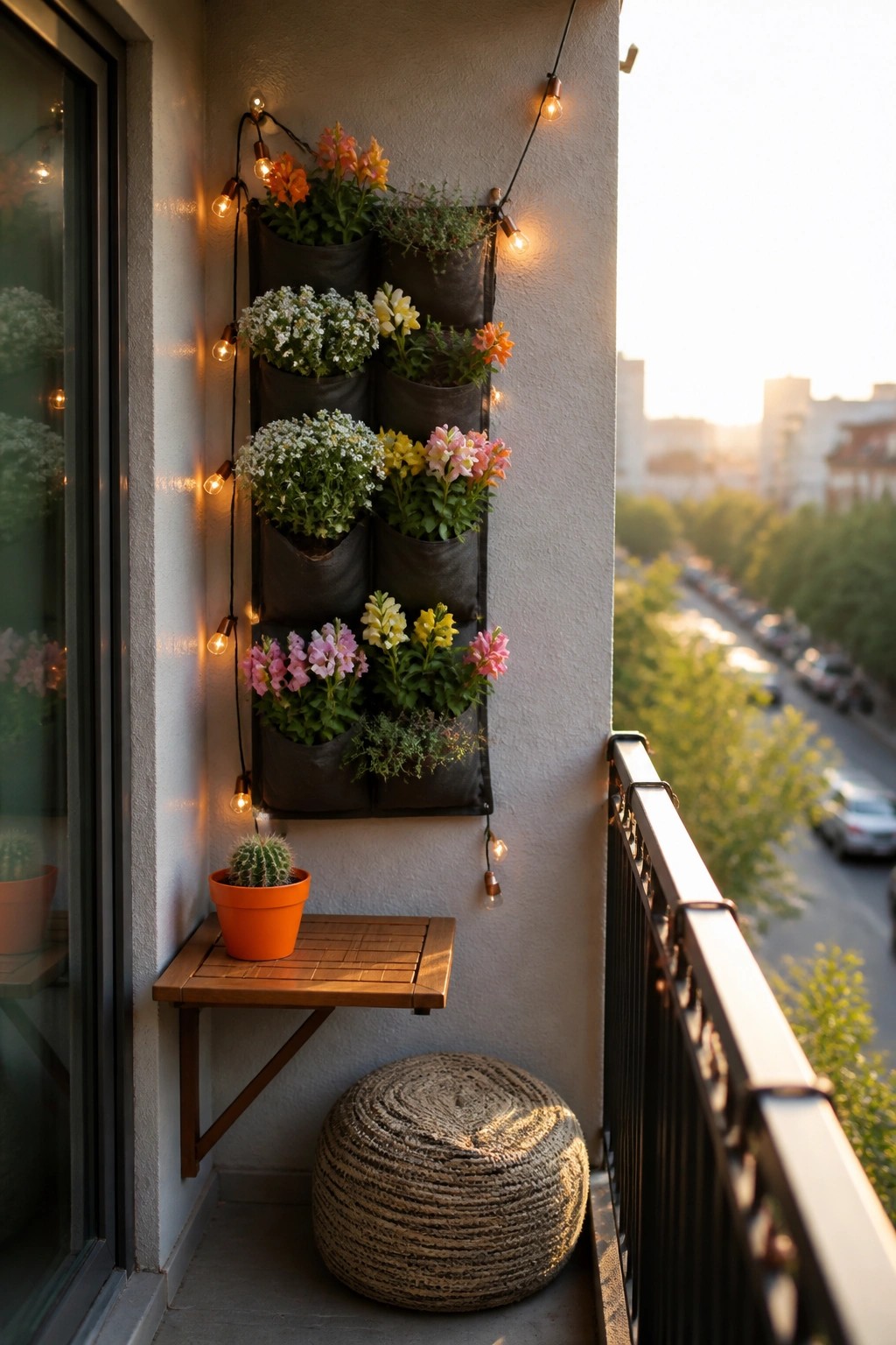 A small balcony has a multi-pocket vertical fabric planter filled with colorful flowers mounted on the wall, with string lights, a folding wooden table holding an orange pot with a cactus, and a round woven cushion on the floor.
