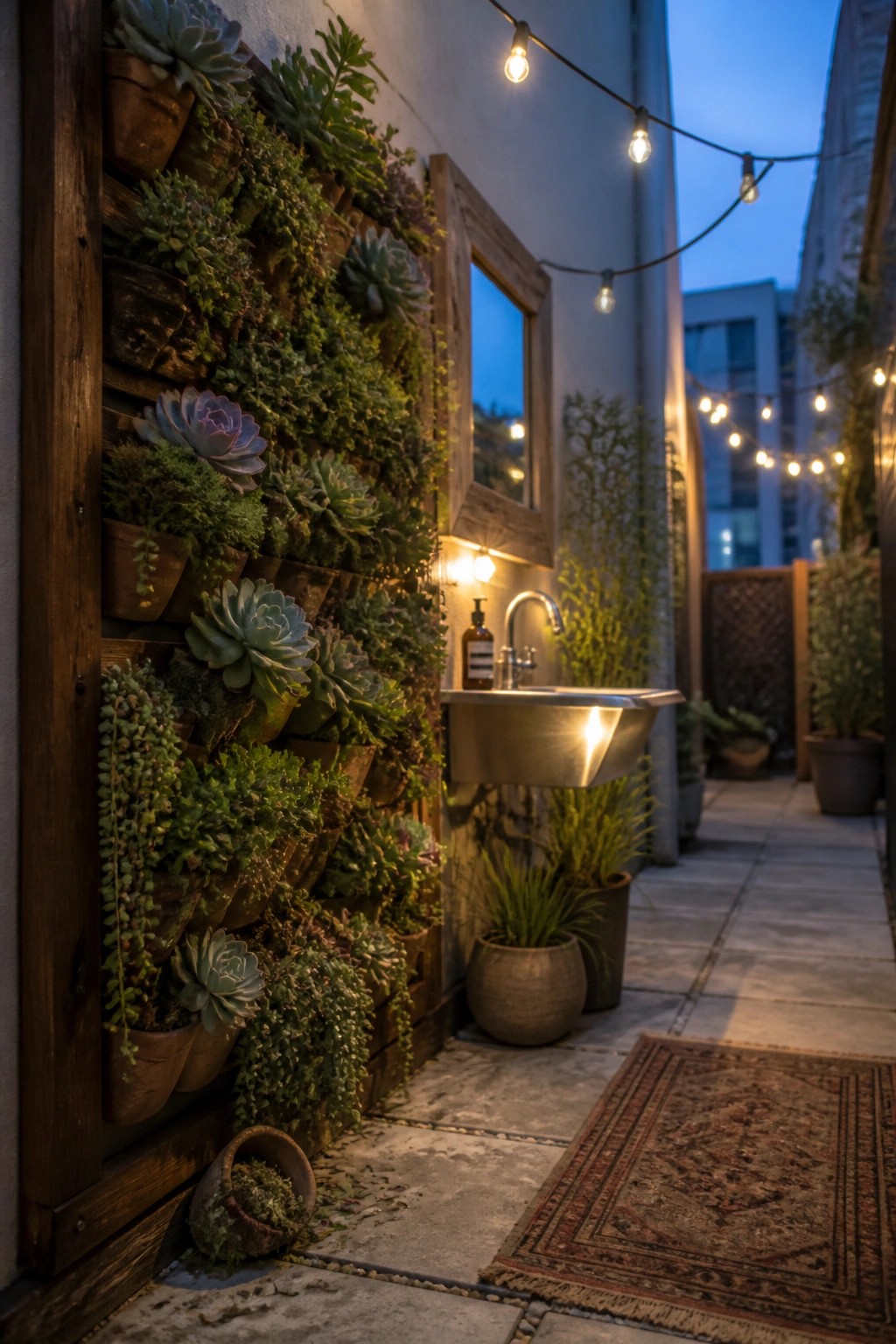 Vertical succulent garden wall by outdoor sink under string lights at dusk