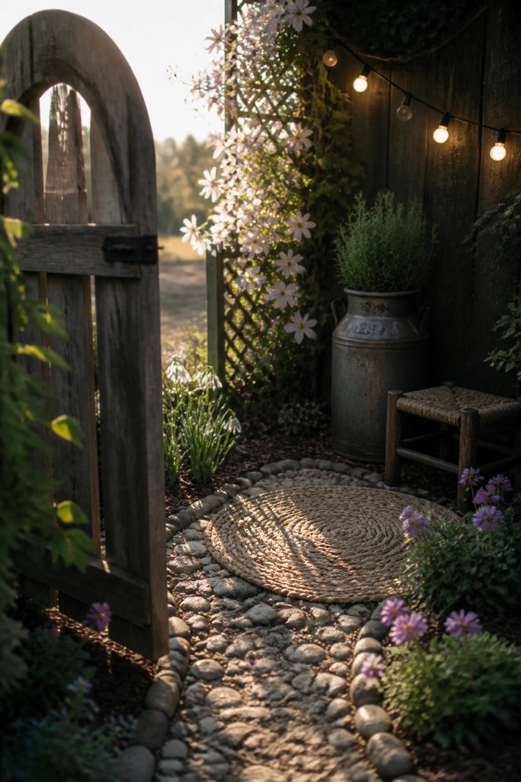 A wooden garden gate stands open to a cobblestone path with a round woven mat, surrounded by flowering plants and a large metal pot.