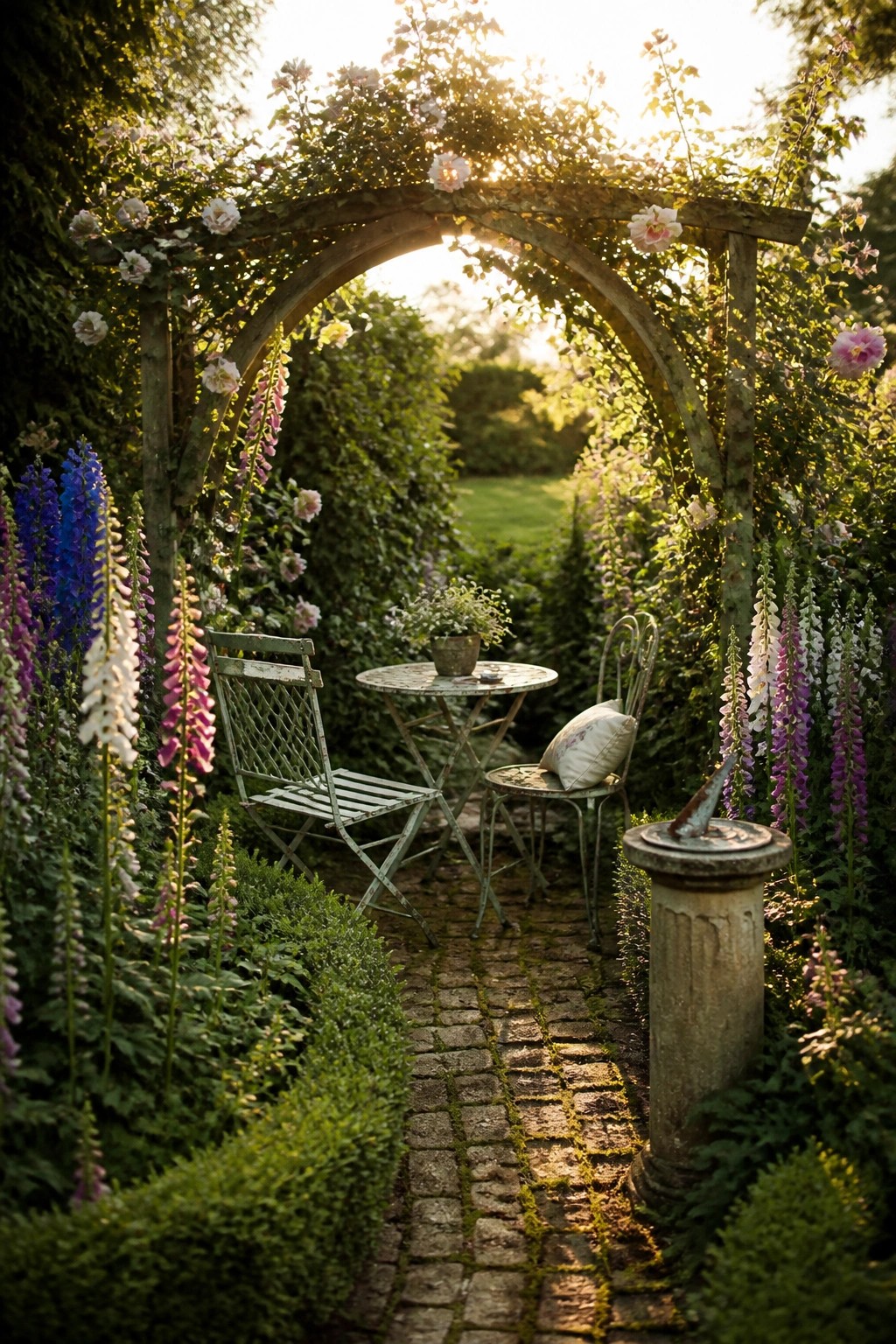 A brick garden path runs under a wooden arch covered in climbing pink and white flowers, with a small table and two chairs visible in the distance.