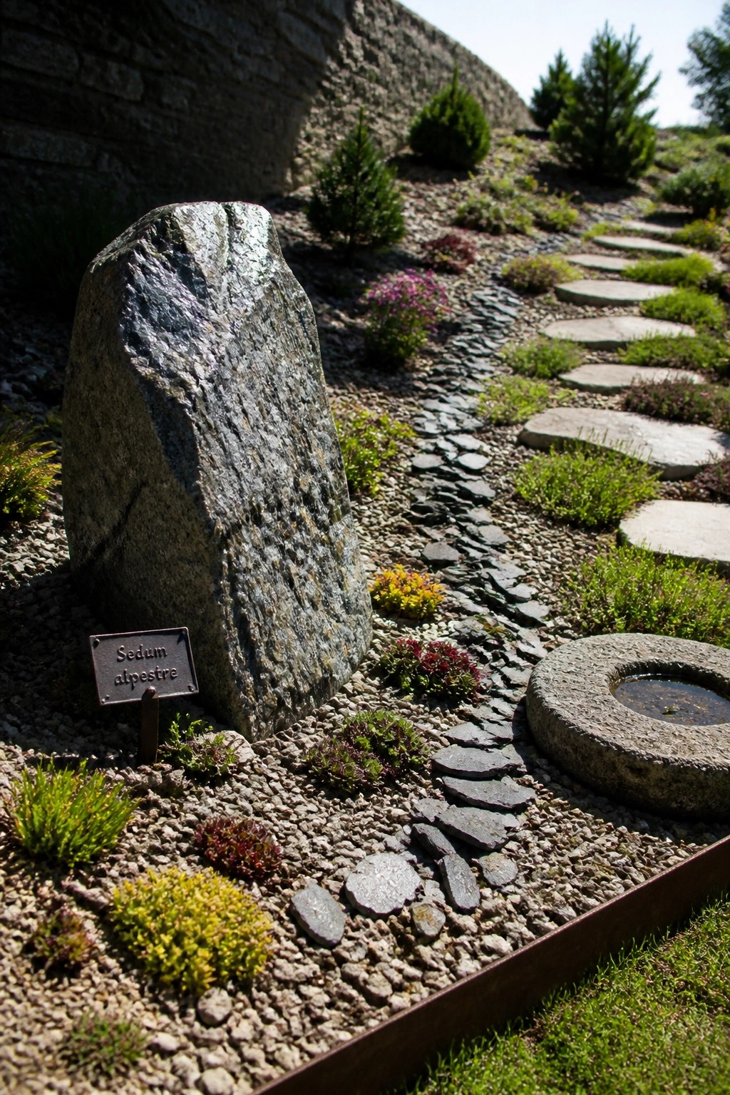 A large gray boulder with a small plant label sits in a gravel bed beside a winding stone path and low colorful plants.