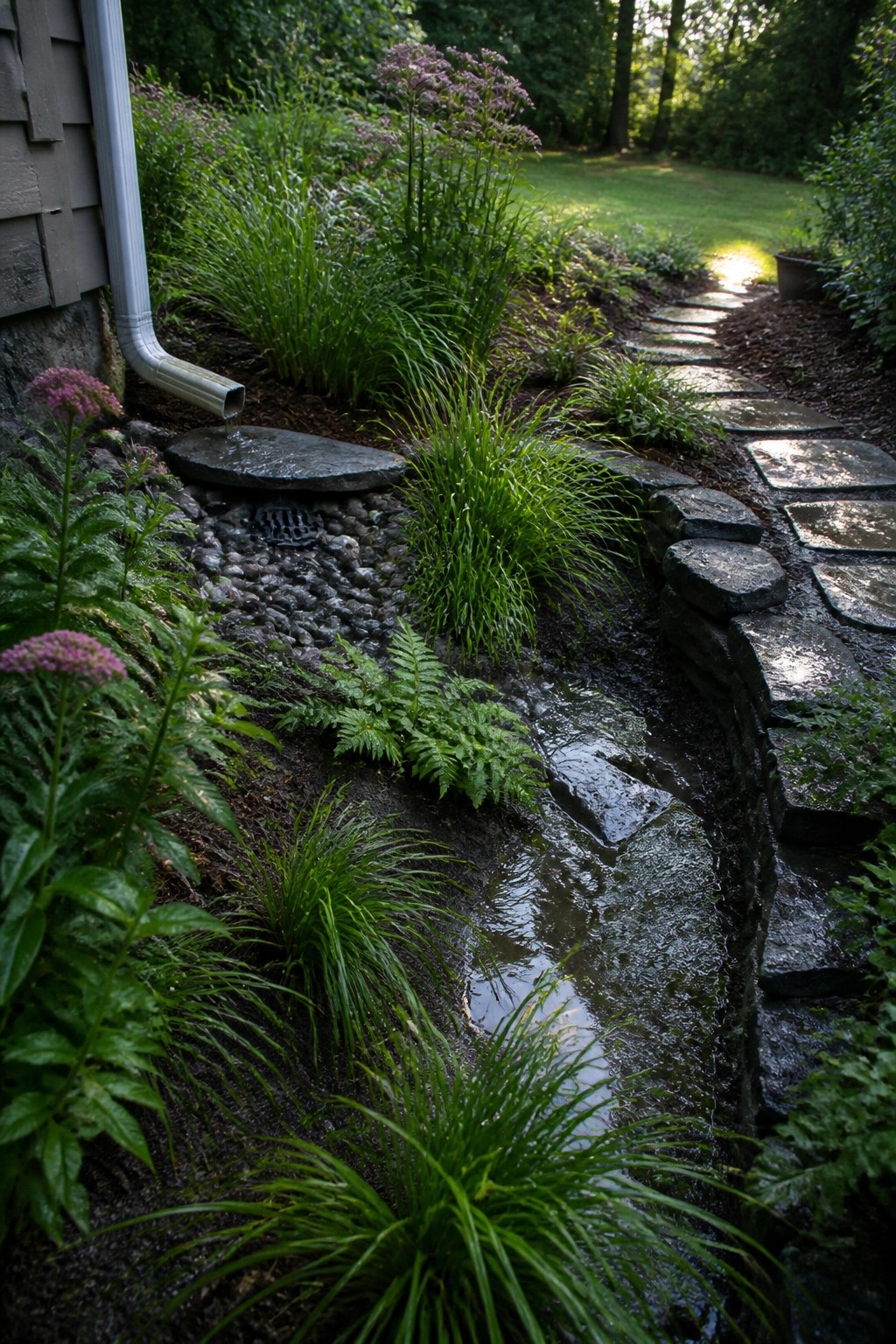 Garden downspout drains into rocky stream beside lush plants and stone path