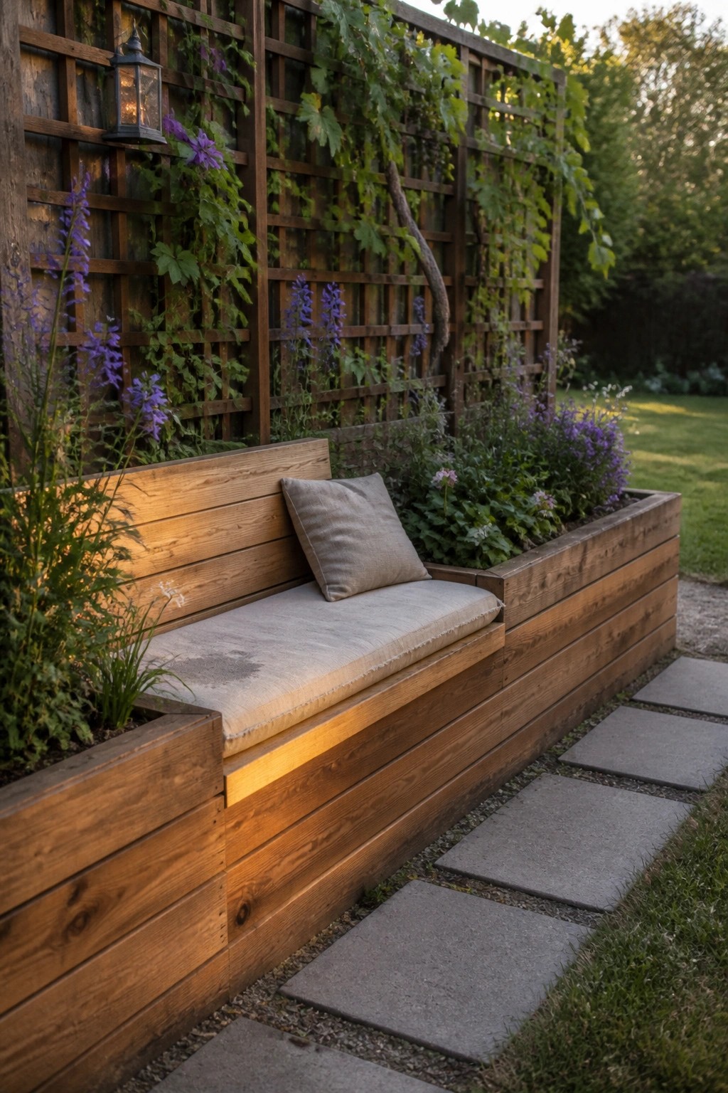 A wooden raised garden bed with an integrated cushioned bench seat next to a stone path and a vine-covered trellis.