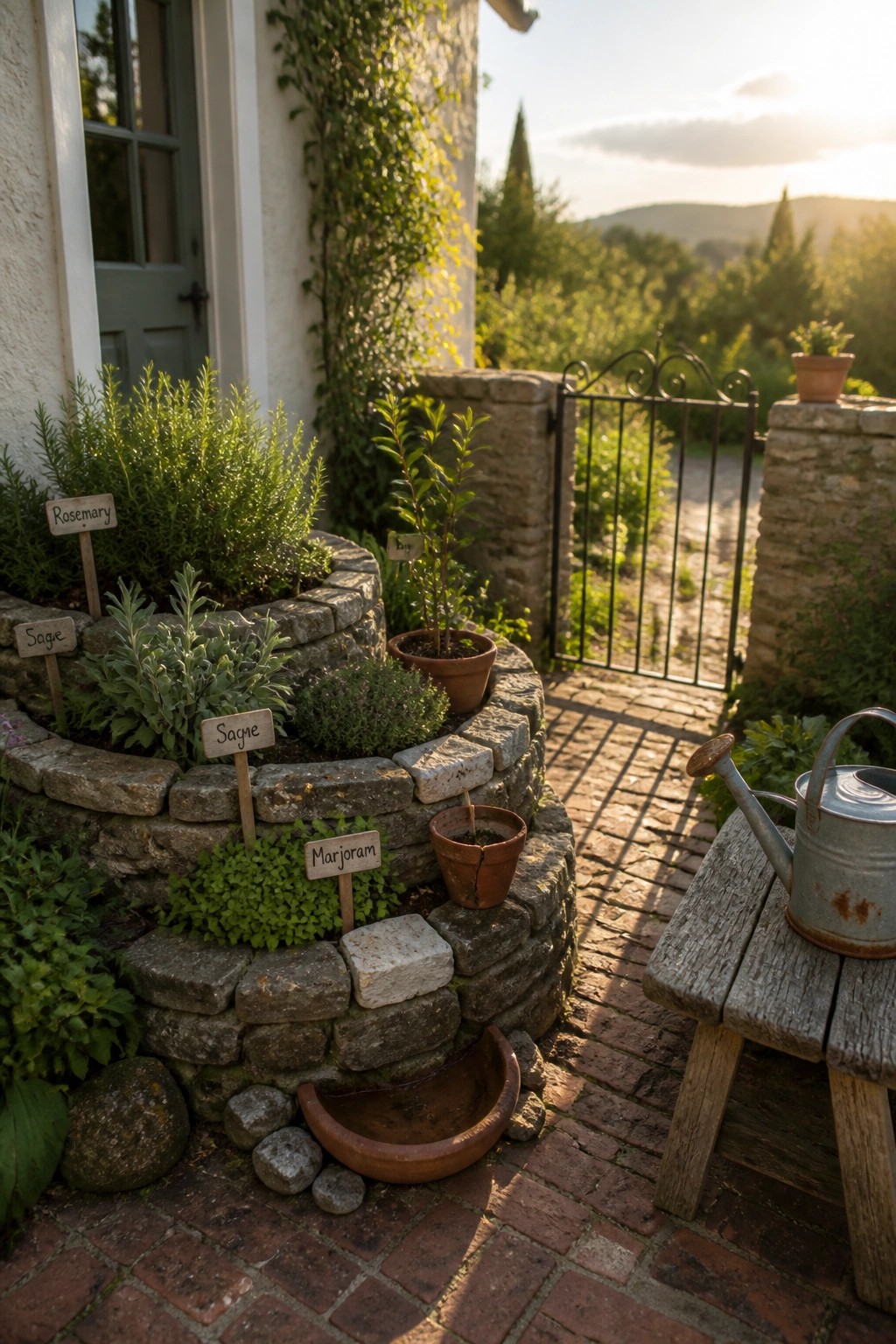 Circular stone herb garden with labeled plants beside brick path and watering can