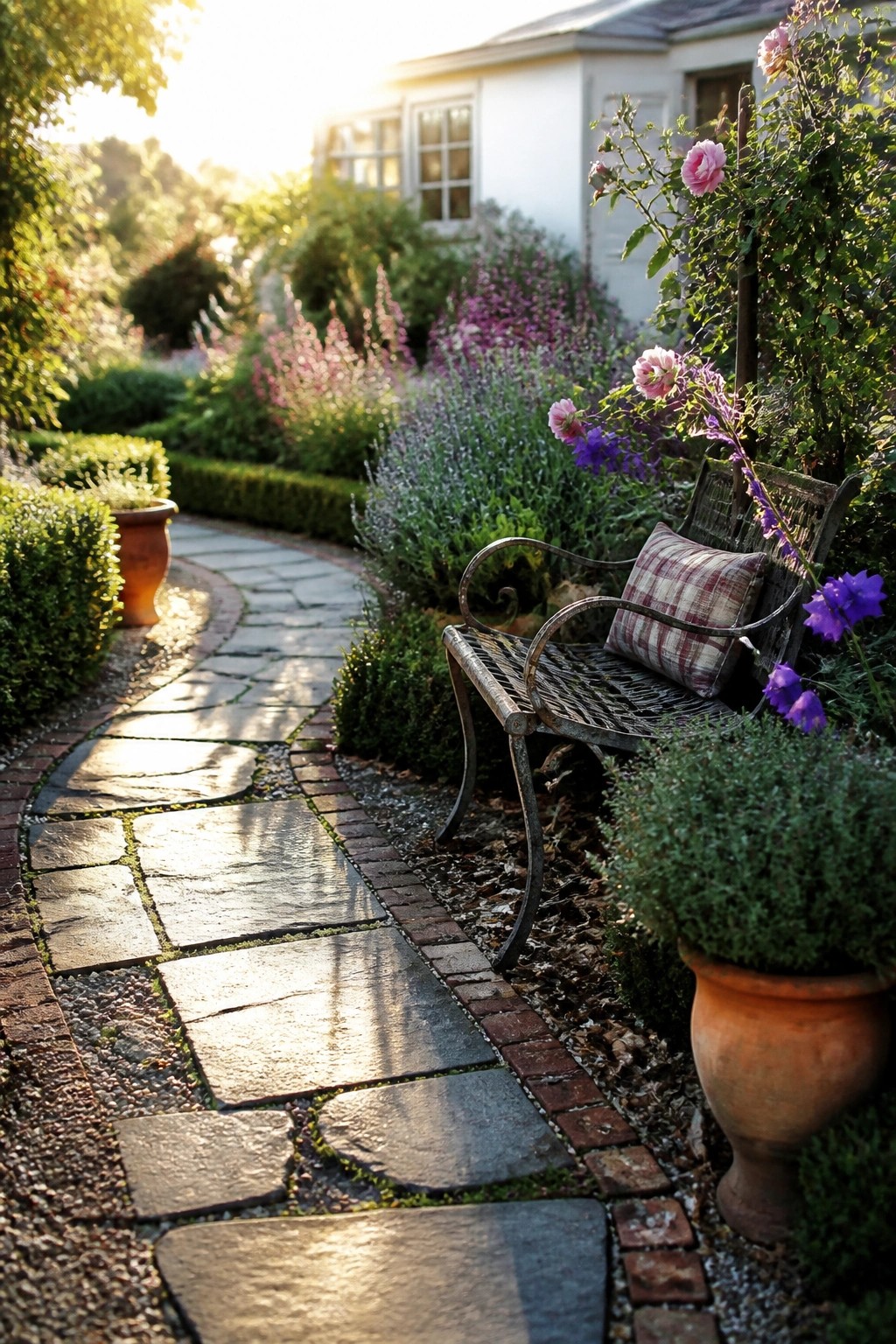 Garden path with wrought iron bench and plaid cushion amid blooming flowers
